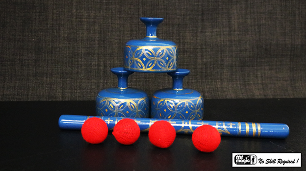 Indian Street Cups with Wand (Hand painted blue) by Mr. Magic - Trick