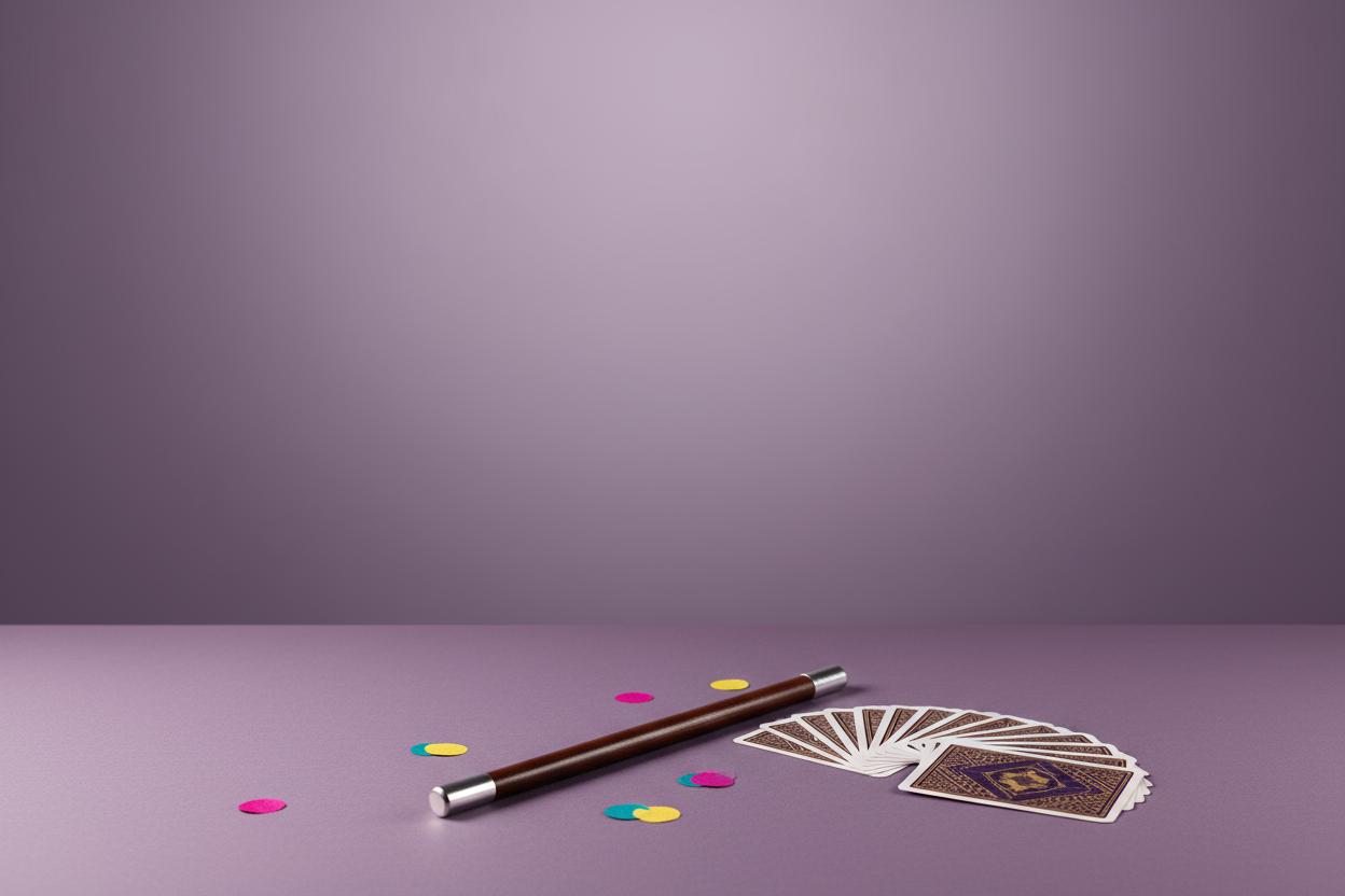 use colour 6A5177 in image. No text. make a suitable image with some dead space or a title 2/3rds down. photo realistic but minimal. Theme: Comedy Magic. 